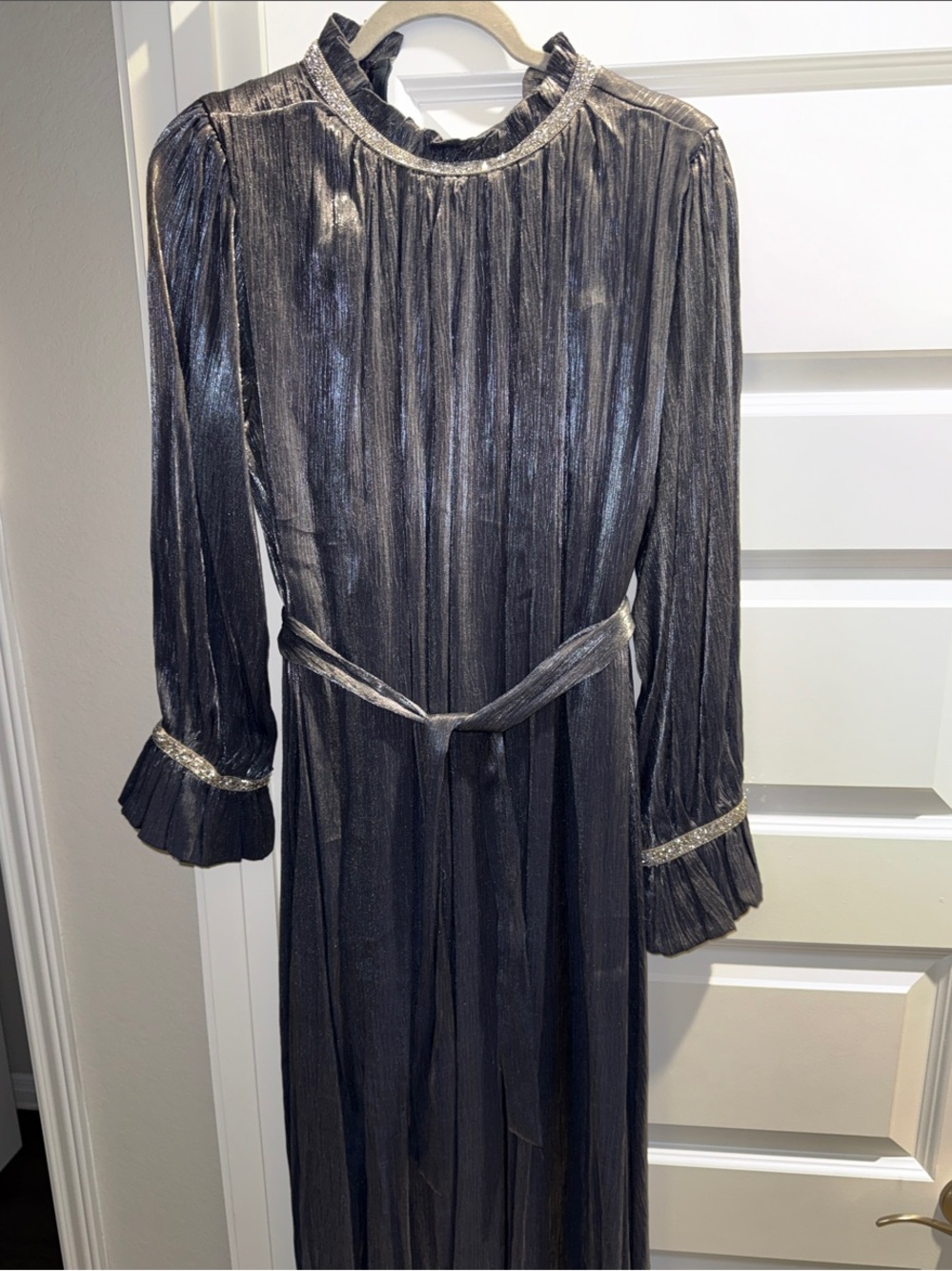 Charcoal Silver Pleated Long-Sleeve Maxi Dress with Self Tie